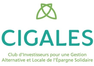 Ecriture en gros : CIGALES avec signification écrite dessous : Club d'Investisseurs pour une Gestion Alternative et Locale de l'Epargne Solidaire (deux petites formes ovales sont croisés pour faire une écho à des ailes de cigale)