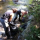 Photo représentant l'activité d'entretien d'espaces verts. On observe des salariés au bord d'une rivière en train de désherber manuellement.
