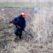 Photo représentant l'activité d'entretien des espaces verts d'OASURE. On observe un salarié en train de faucarder des roseaux avec une débroussailleuse